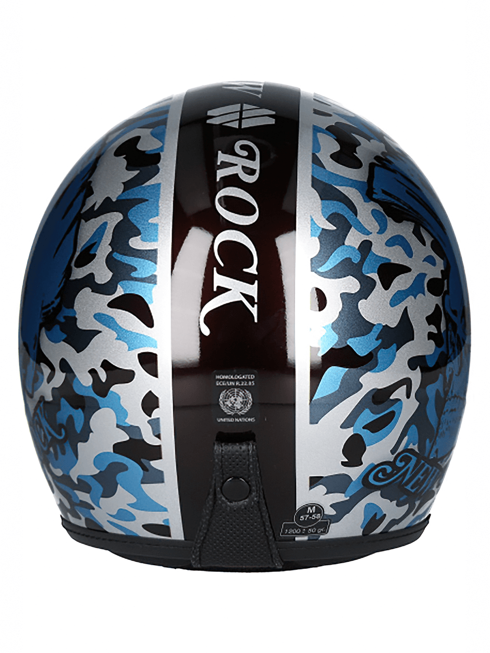 NEW ROCK blue motorcycle helmet showcasing stylish camo design and practical click buckle for urban riders.