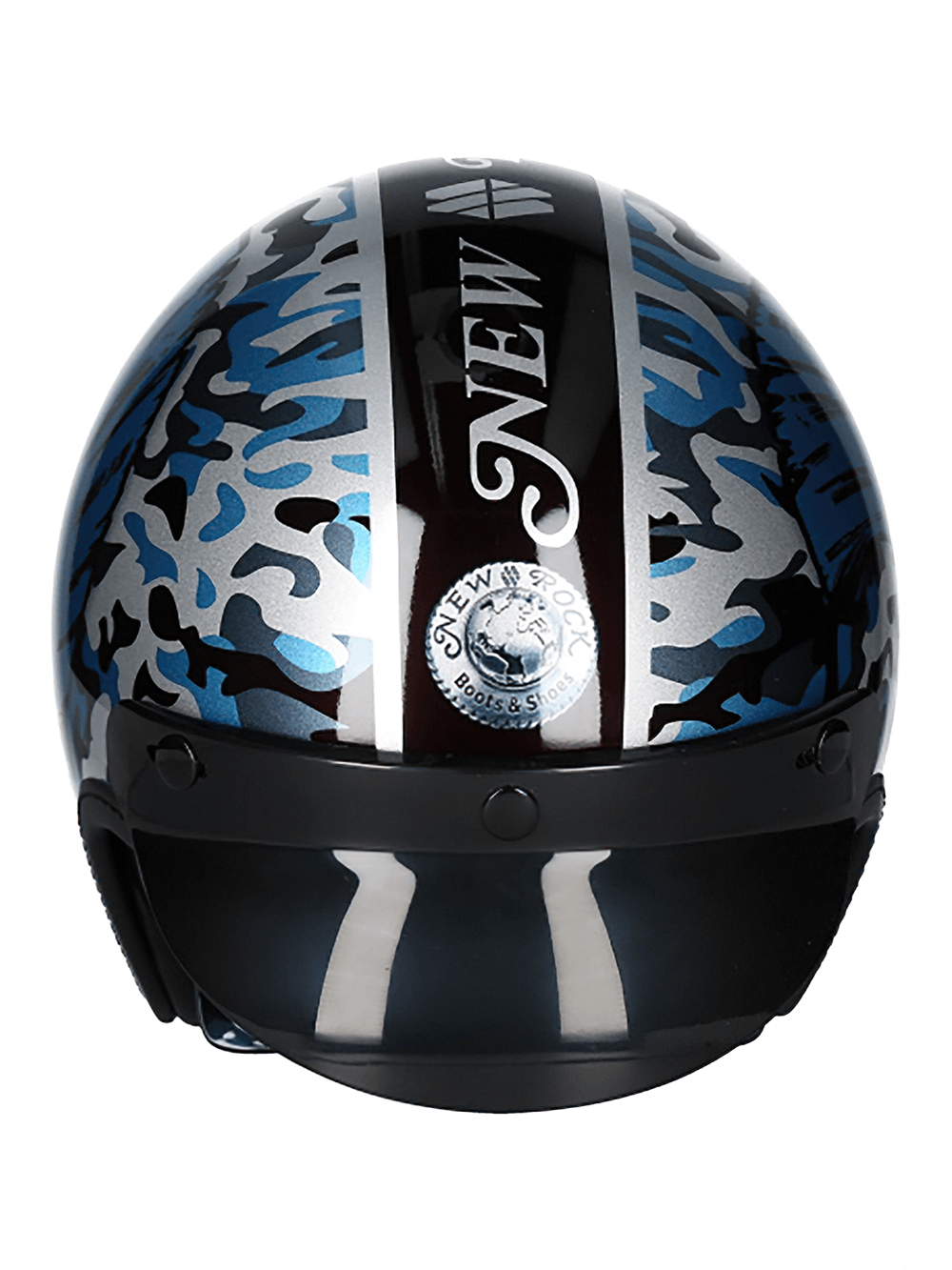 Stylish NEW ROCK blue motorcycle helmet with click buckle for urban riders, offering durability and safety.