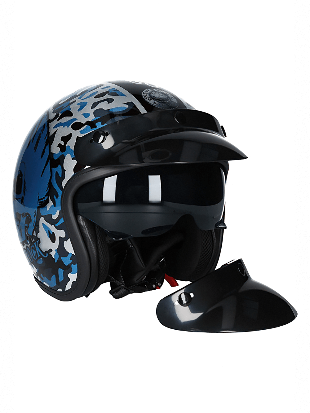 NEW ROCK blue motorcycle helmet with click buckle, stylish and durable for urban bikers.