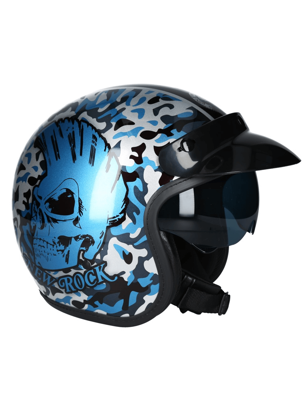 NEW ROCK Blue Motorcycle Helmet with skull design, click buckle for urban bikers, stylish and durable.