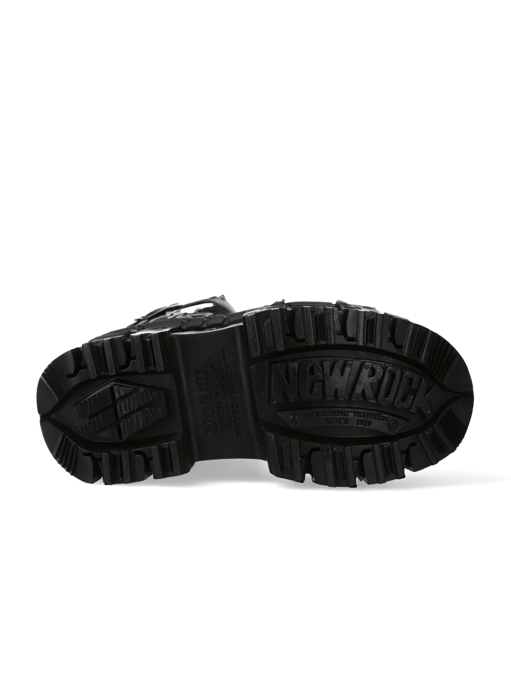 Bottom view of NEW ROCK Bold Black Ankle Boots featuring rugged sole and unique buckle details.