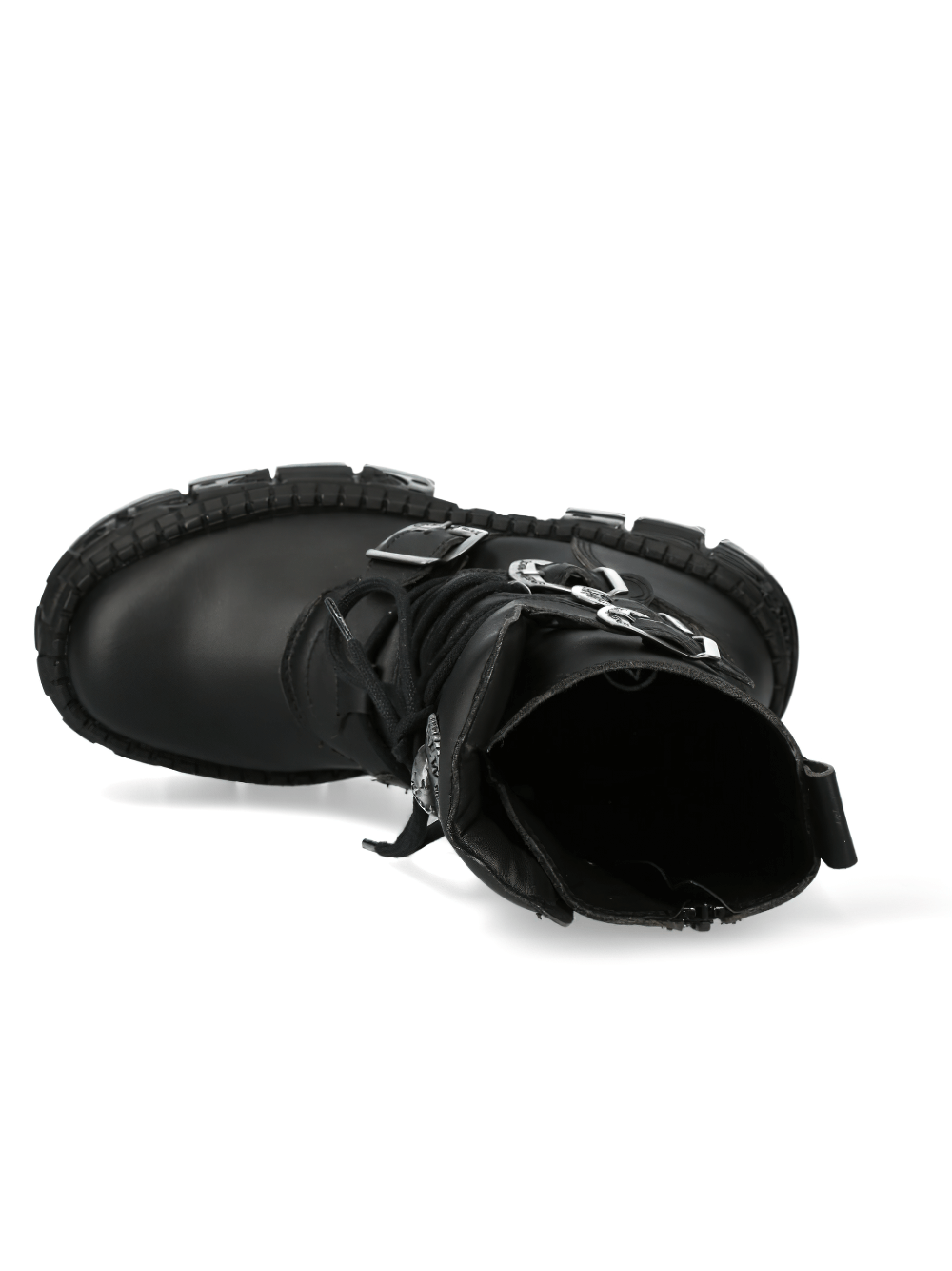 Top view of stylish NEW ROCK bold black ankle boots with buckle details, perfect for punk and rock fashion lovers.
