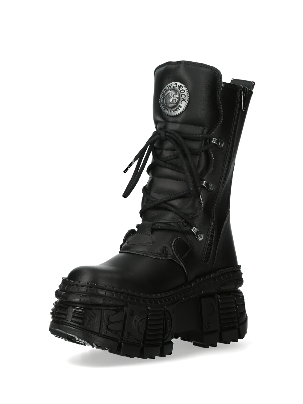 NEW ROCK bold black ankle boots with buckle, merging punk and rock aesthetics in a unique design.