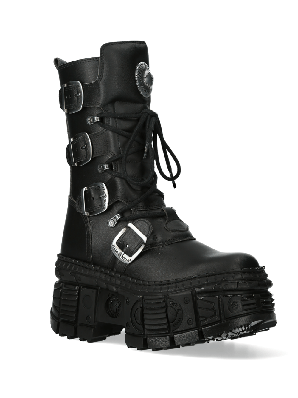 NEW ROCK Bold Black Ankle Boots with Buckle Details, merging punk and rock aesthetics in a unique metallic design.