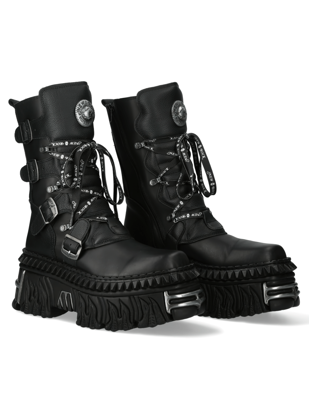 Bold black gothic punk lace-up and buckle ankle boots with metallic details and a chunky platform design.