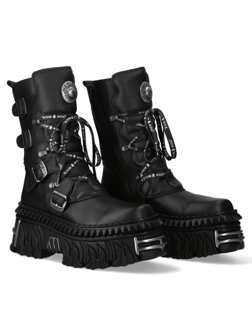 NEW ROCK Women's Bold Black Gothic Punk Lace-Up and Buckle Boots