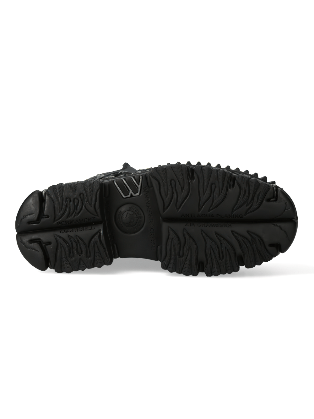 Sole of NEW ROCK Bold Black Gothic Punk Lace-Up Boots, showcasing rugged traction and edgy design.
