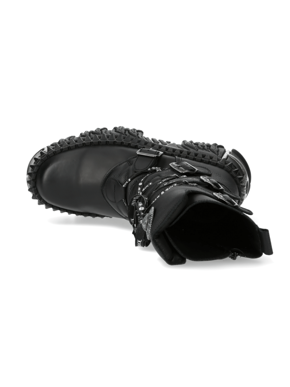 Gothic black platform lace-up boots with buckles and unique studded sole, showcasing New Rock's edgy military style.
