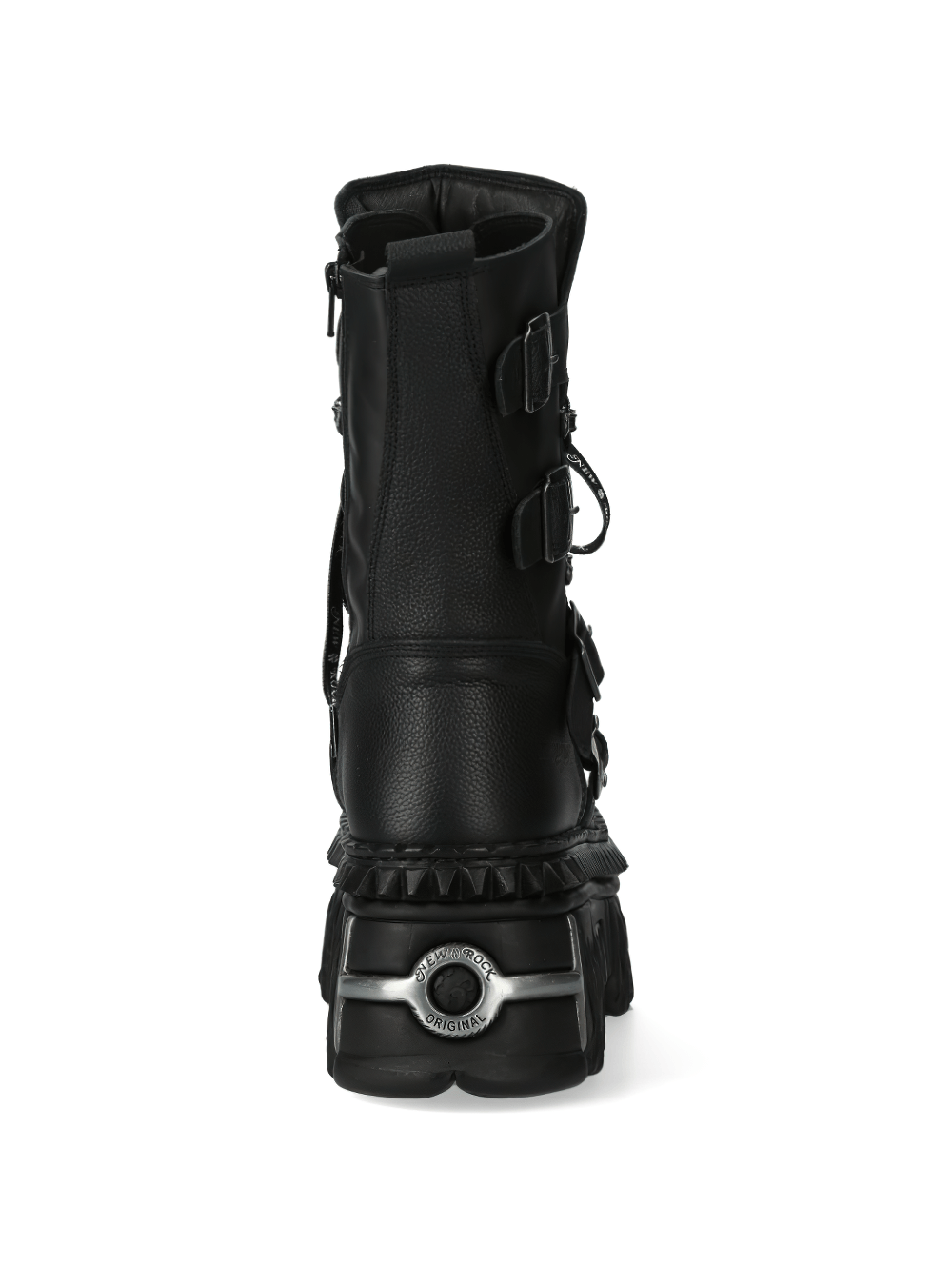 Back view of NEW ROCK Bold Black Gothic Punk Lace-Up and Buckle Boots in genuine leather with punk-inspired design.