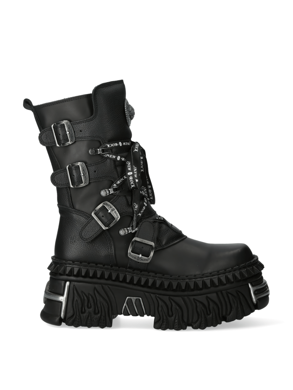 NEW ROCK bold black gothic punk lace-up boots with buckles and chunky platform sole.