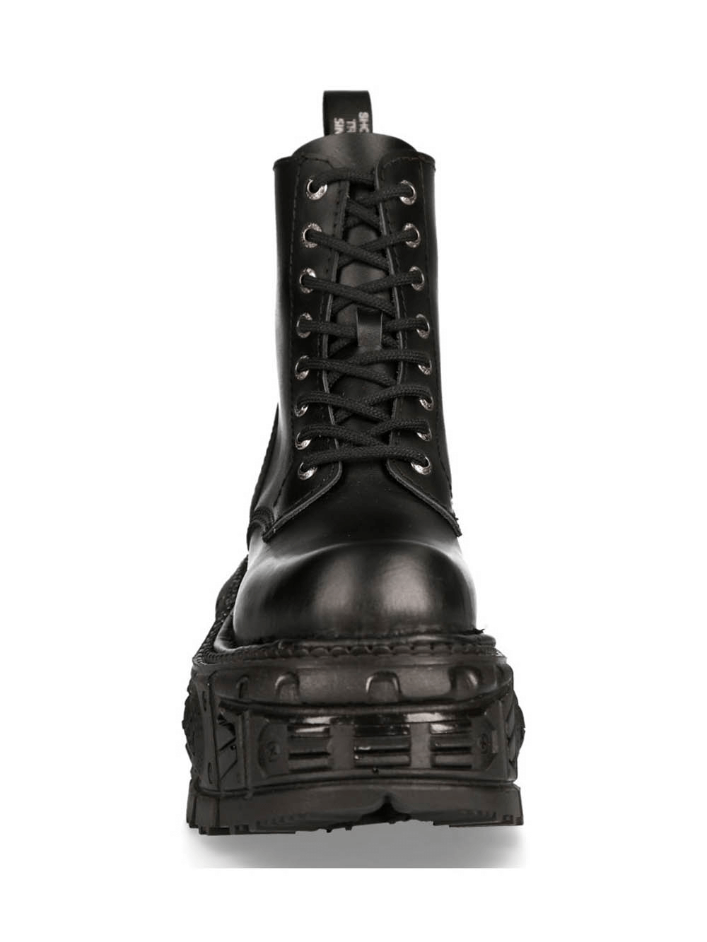 Front view of NEW ROCK bold black gothic punk platform ankle boots with lace-up closure and standout platform sole.