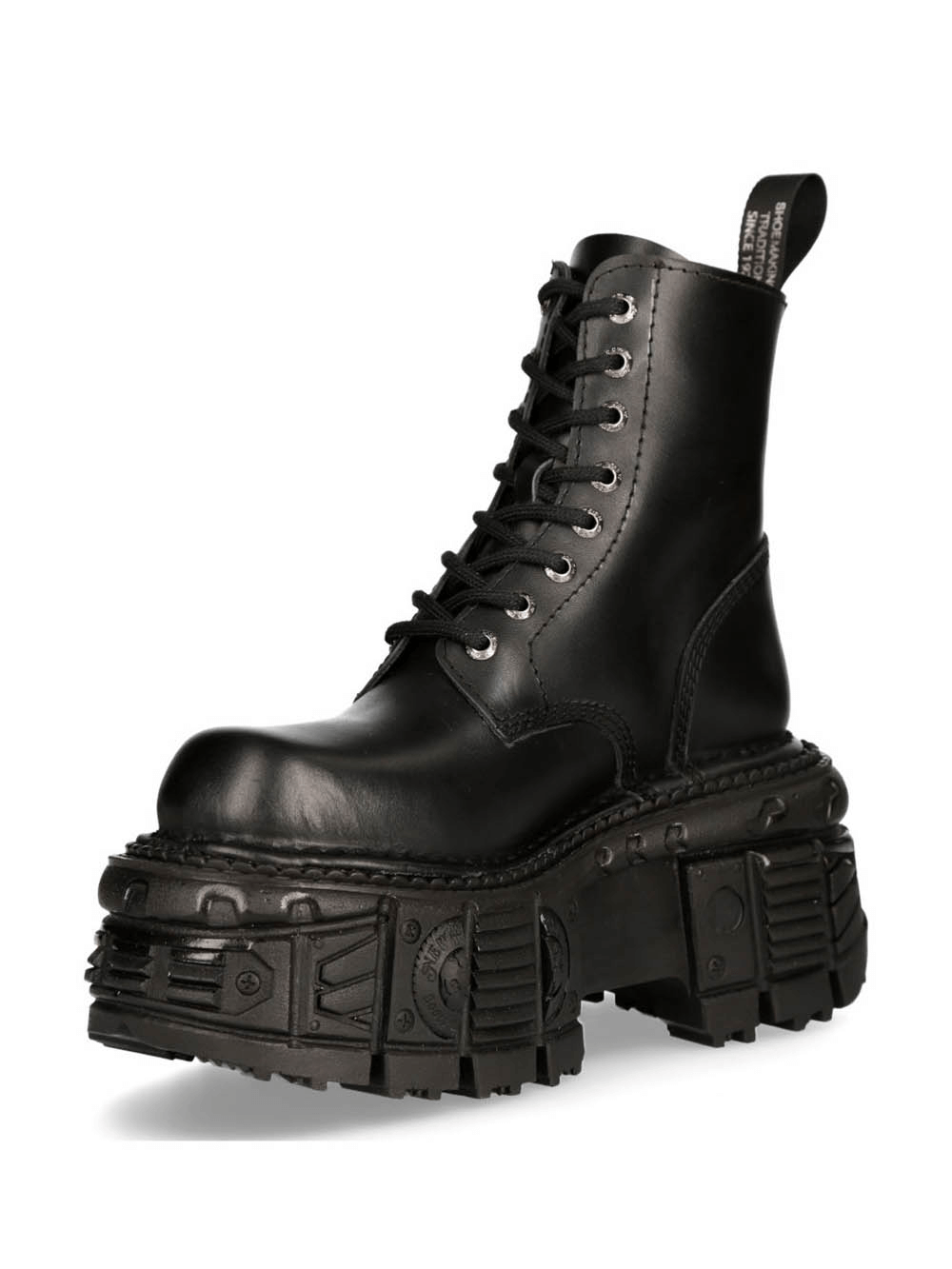 NEW ROCK bold black gothic punk platform ankle boots with military-inspired design and standout sole.