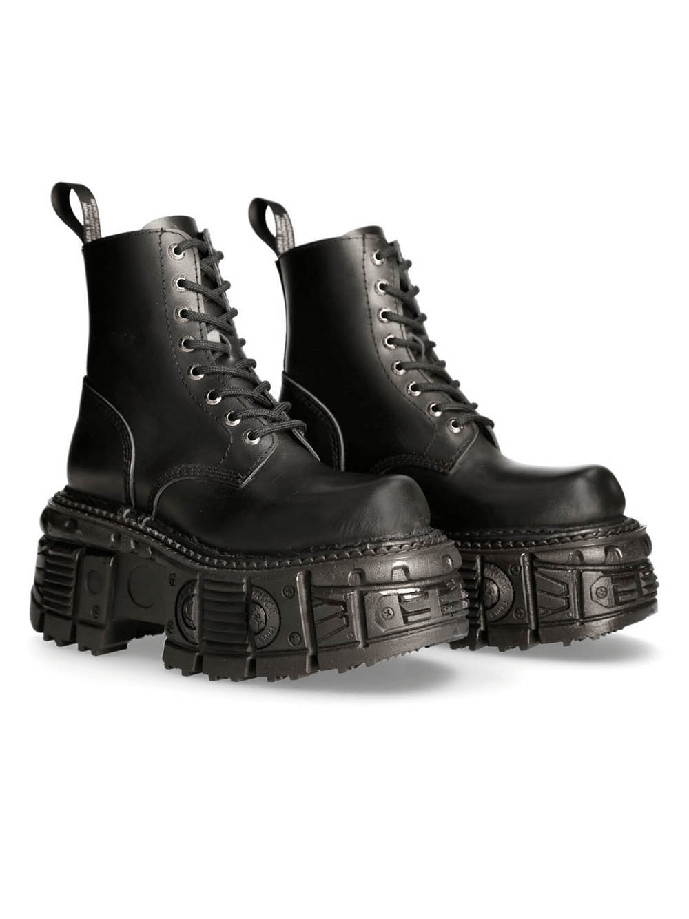 Bold black gothic punk platform ankle boots with military-inspired design and lace-up closure. Perfect for edgy footwear lovers!