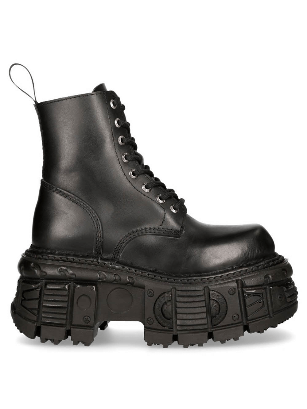 Bold black gothic punk platform ankle boots with military design and lace-up closure, perfect for edgy styles.