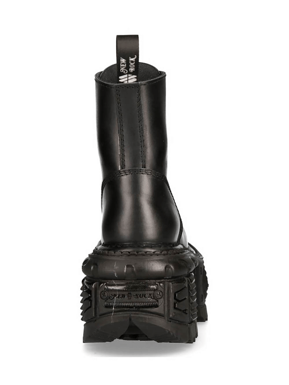 Bold black gothic punk ankle boots showcasing military-inspired design and standout platform sole from the Metallic Collection.