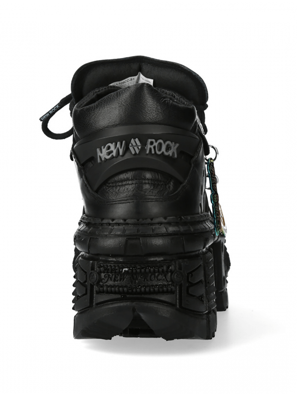 Back view of NEW ROCK bold black gothic platform shoes featuring edgy design and chunky sole.