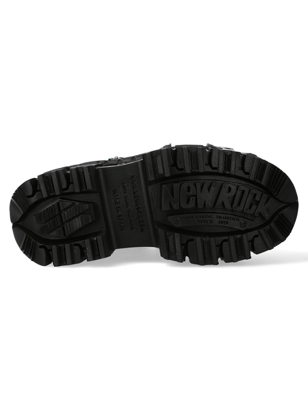 Bottom view of NEW ROCK bold black Gothic urban heavy platform shoes showcasing rugged sole design.