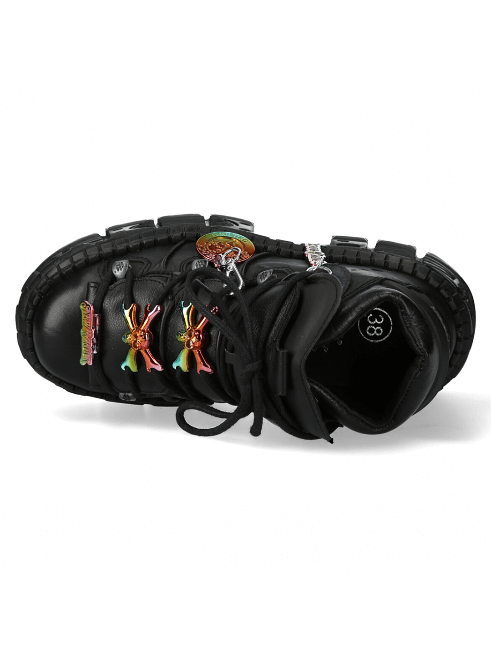 Top view of bold black Gothic platform shoes with decorative charms and lace-up closure for a rebellious urban style.