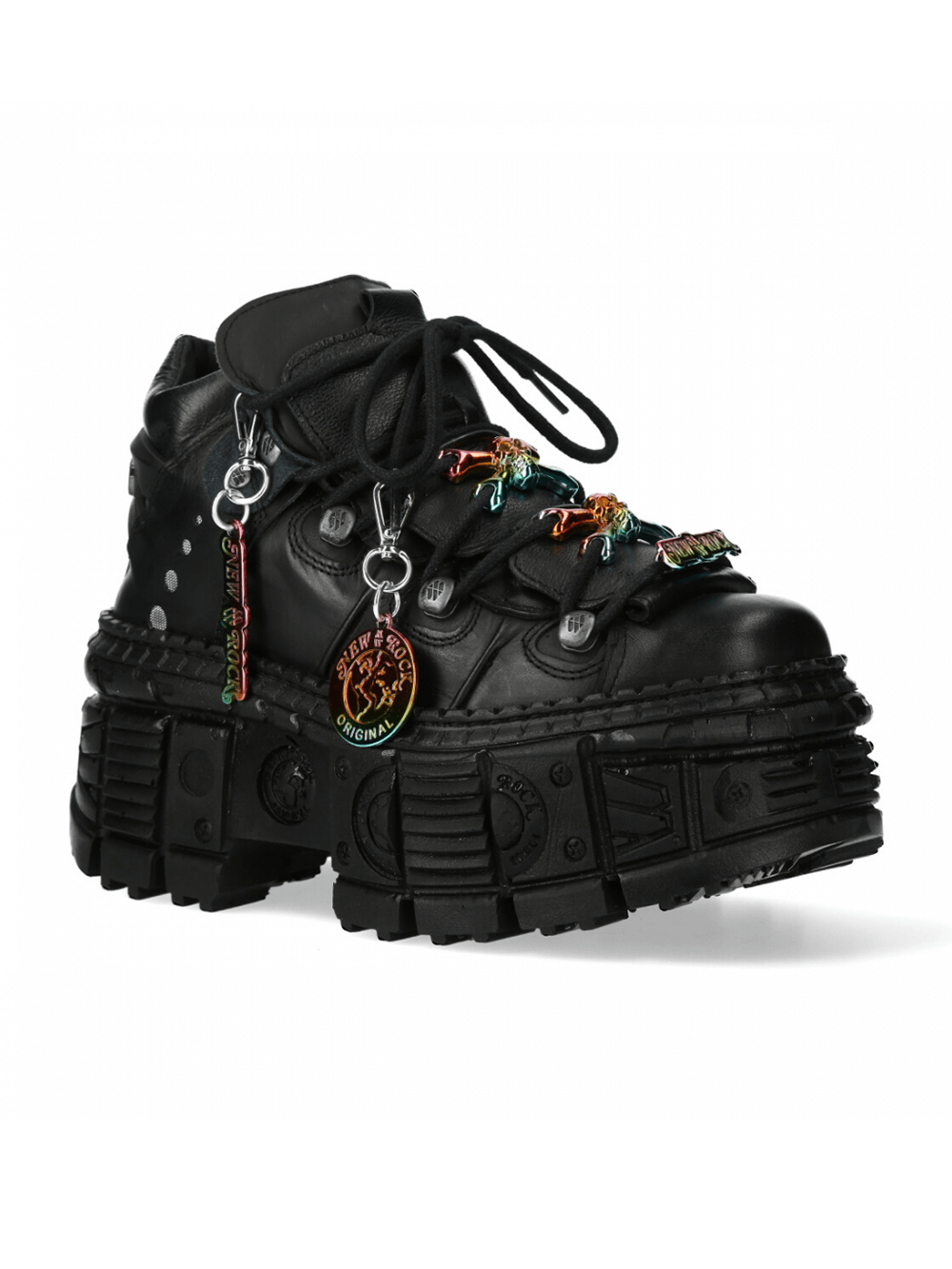 NEW ROCK Bold Black Gothic Urban Heavy Platform Shoes with decorative accents and a chunky sole.