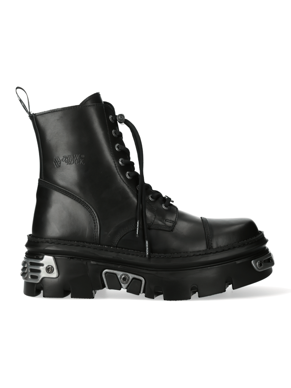 US SALE of NEW ROCK Bold Black Military Leather Ankle Boots with platform heel and cord clasp.