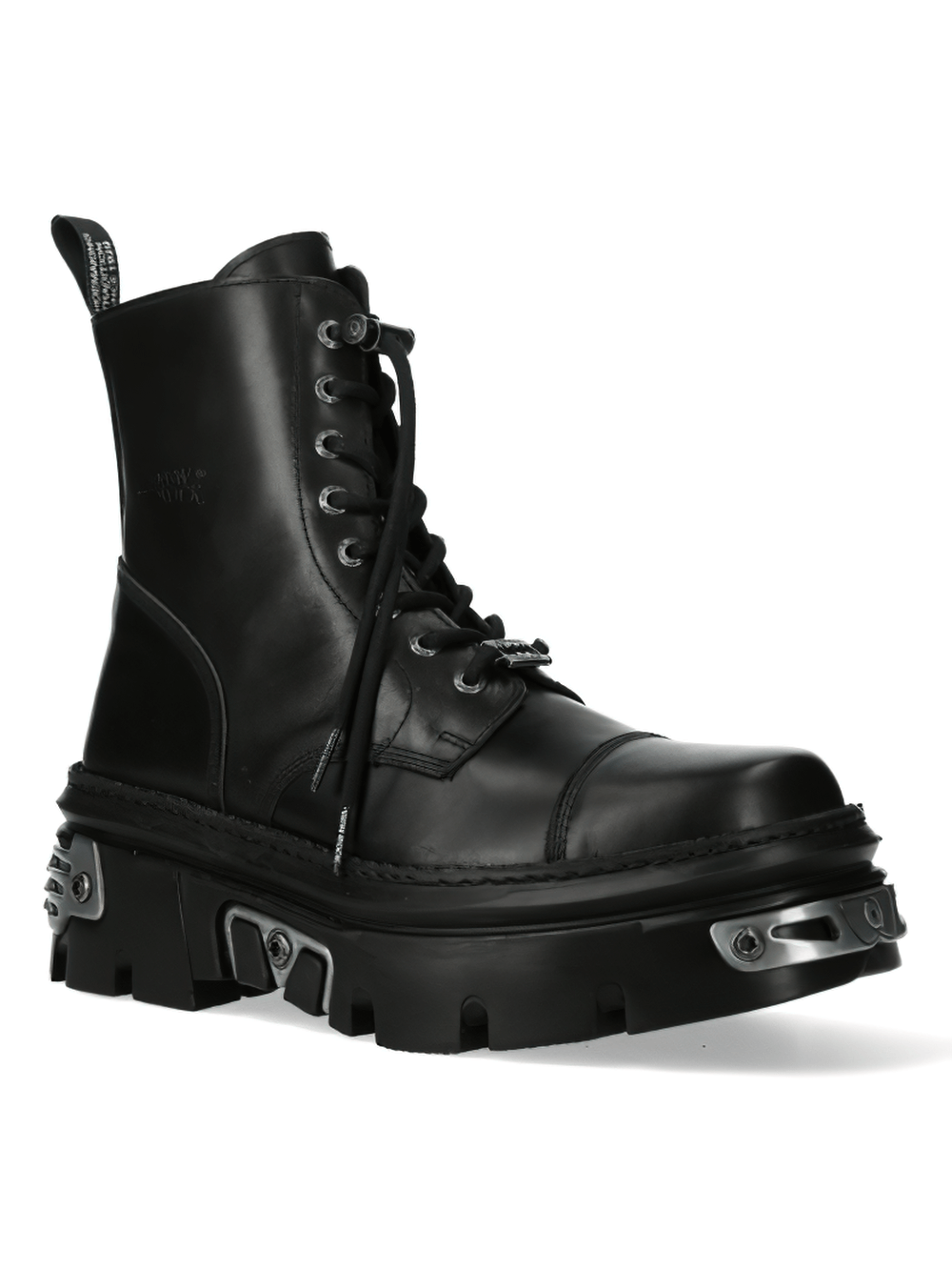 Bold black military ankle boot with cord clasp, durable genuine leather and platform heel for a rugged style.