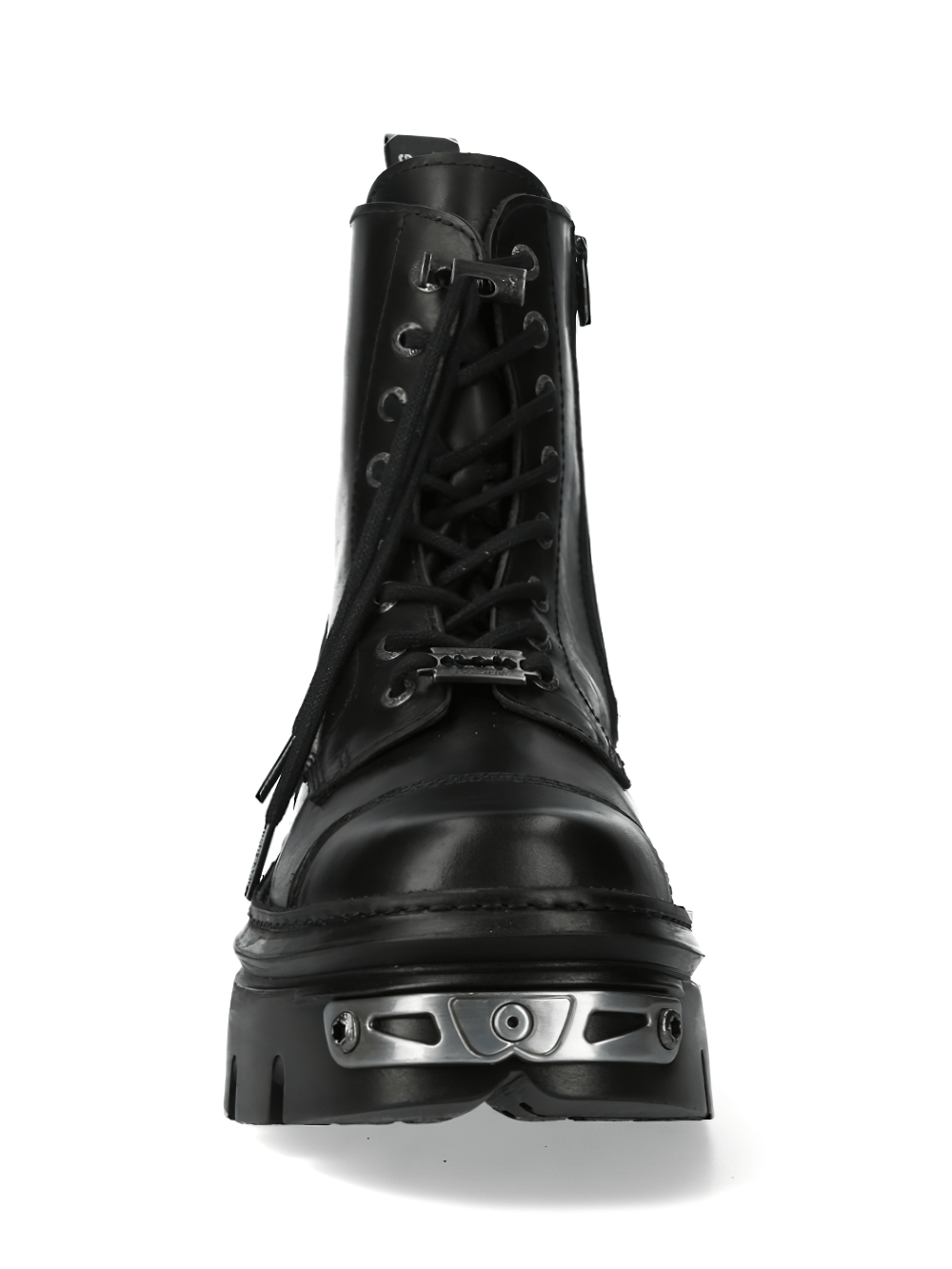 Bold black military leather ankle boot with lace-up front and platform heel, showcasing a rugged rock style.