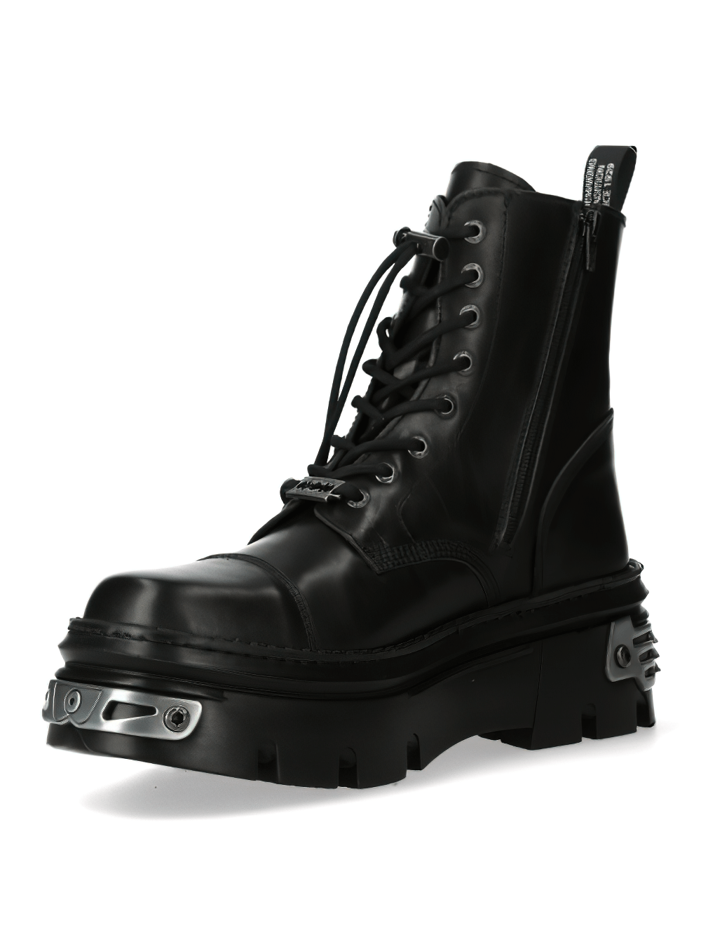 Bold black military leather ankle boots featuring a cord clasp and platform heel for a rugged style.