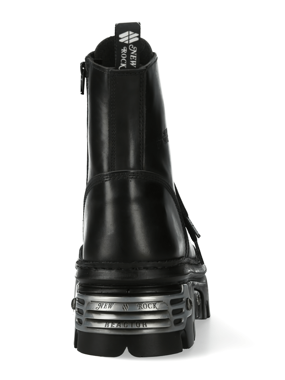 Bold black military ankle boots with silver platform heel and cord clasp, showcasing rugged style and durability.