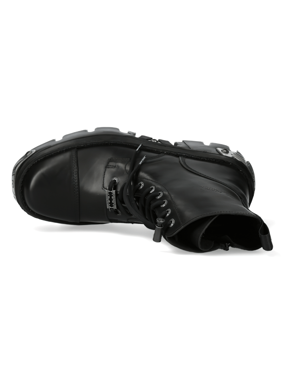 Bold black military leather ankle boot with cord clasp and rugged design, perfect for a standout style.