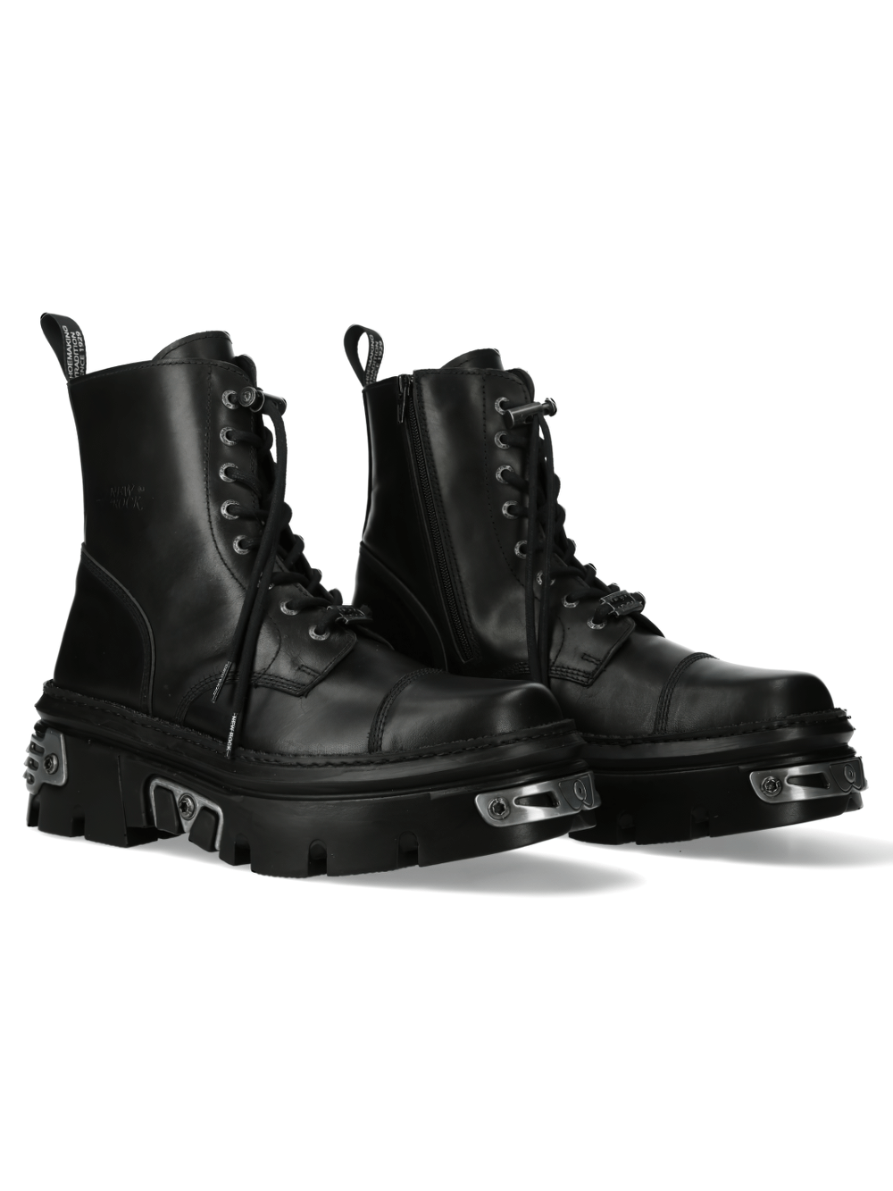 Bold black military leather ankle boots with cord clasp and platform heel, perfect for a rugged style.