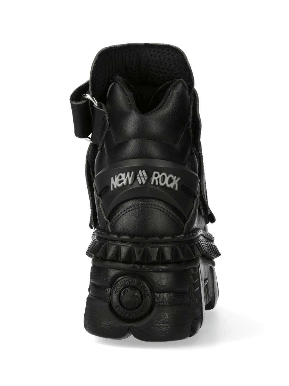 Back view of NEW ROCK Bold Black Strap-Detail Ankle Boots showcasing edgy design and unique details.