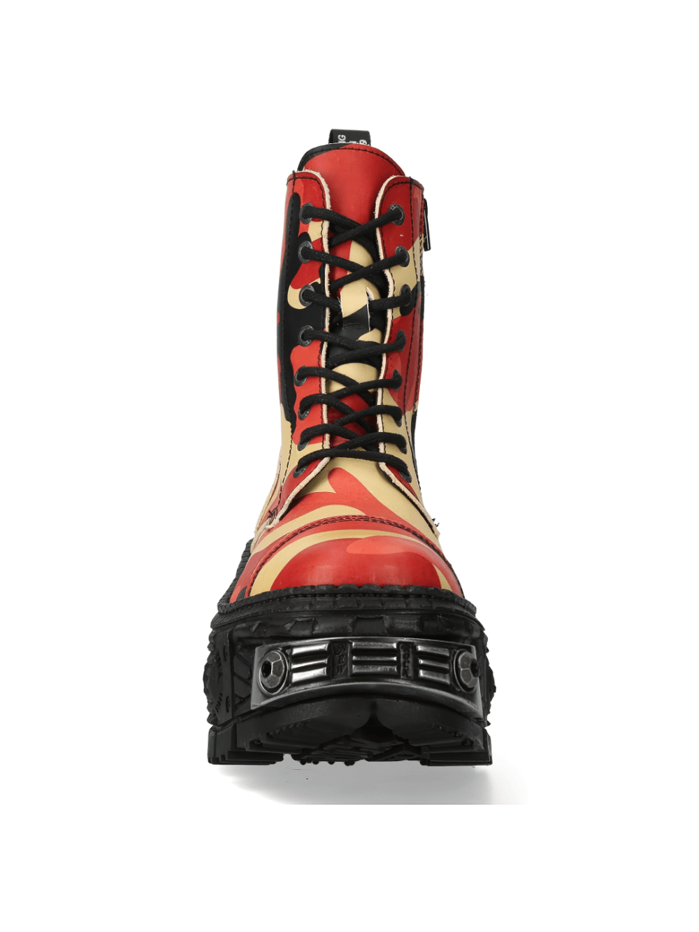 NEW ROCK Bold Camo Gothic Platform Ankle Boots with red camouflage, lace-up and zipper design.