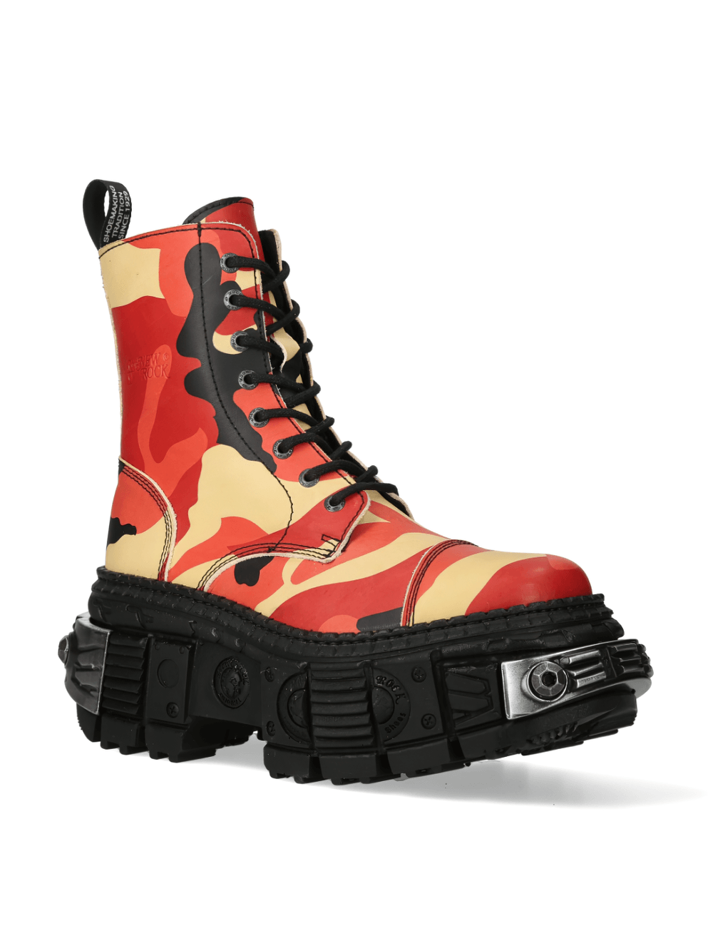 NEW ROCK Red Camo Gothic Platform Ankle Boots with rugged sole and edgy lace-up design.