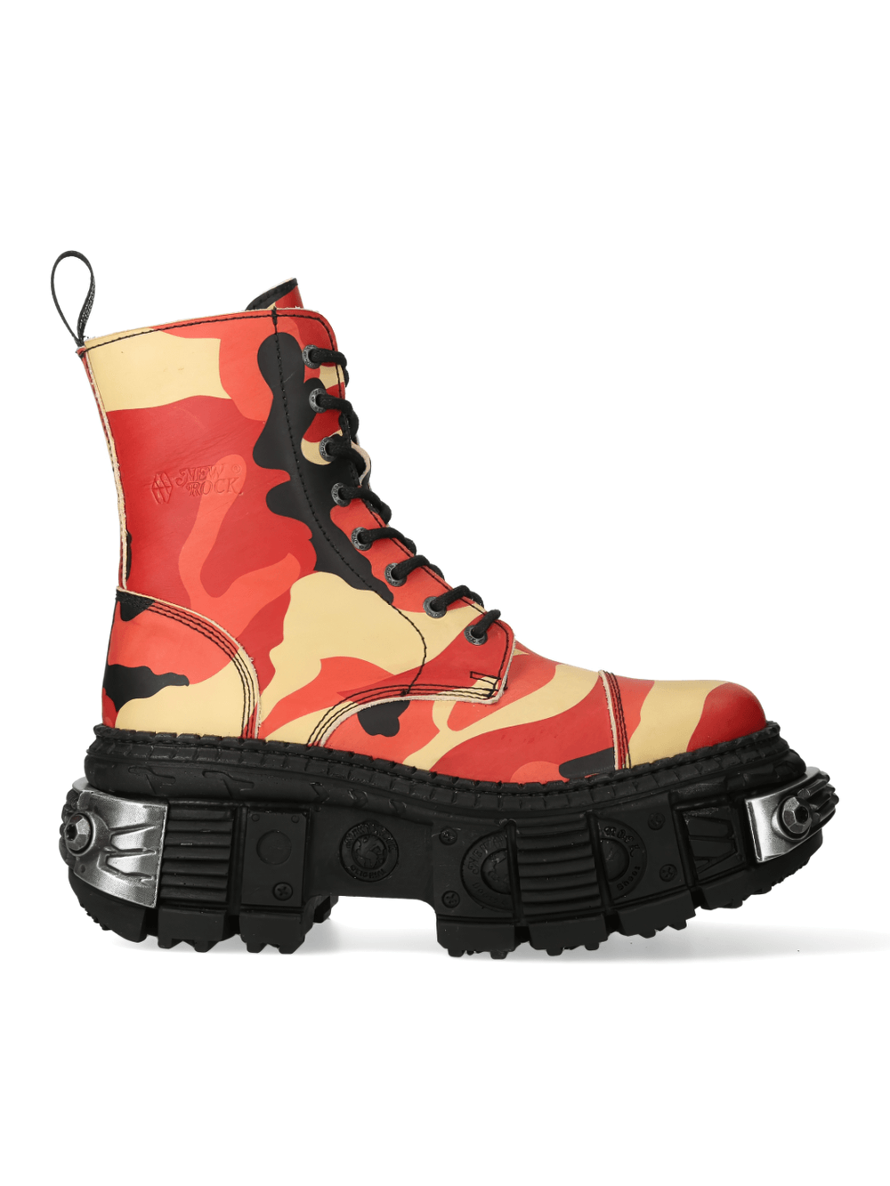 NEW ROCK bold red camo punk rock lace-up ankle boot with rugged sole, perfect for edgy urban style.