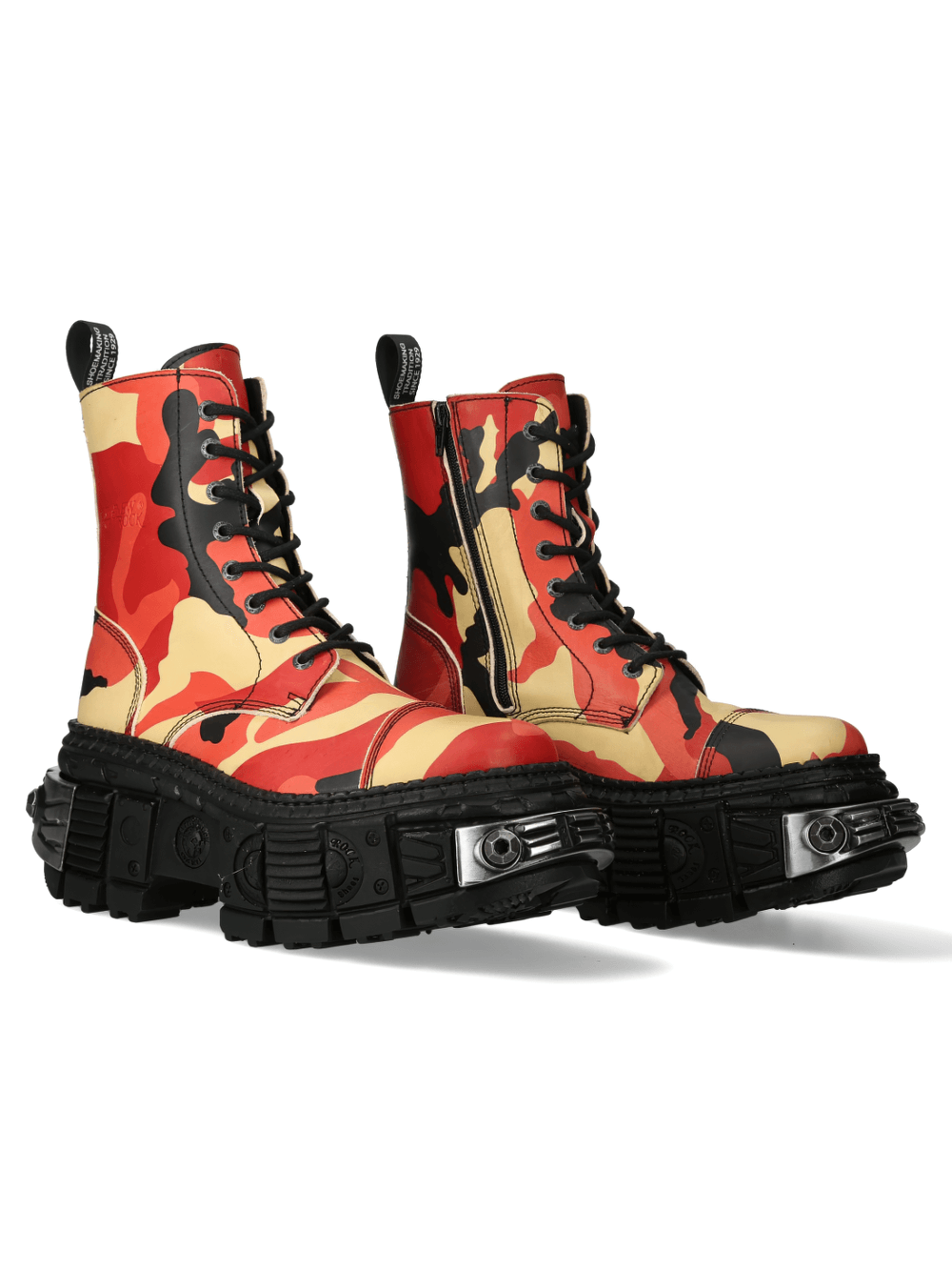 NEW ROCK bold red camo gothic platform ankle boots with rugged sole, lace-up and zipper closures, perfect for punk rock style.