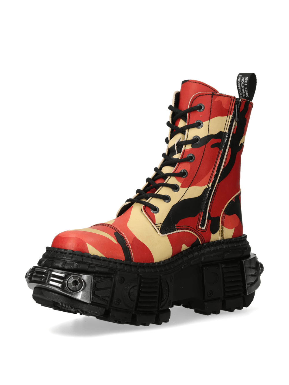 NEW ROCK red camo gothic ankle boots with rugged sole, lace-up and zipper closures for bold punk rock style.