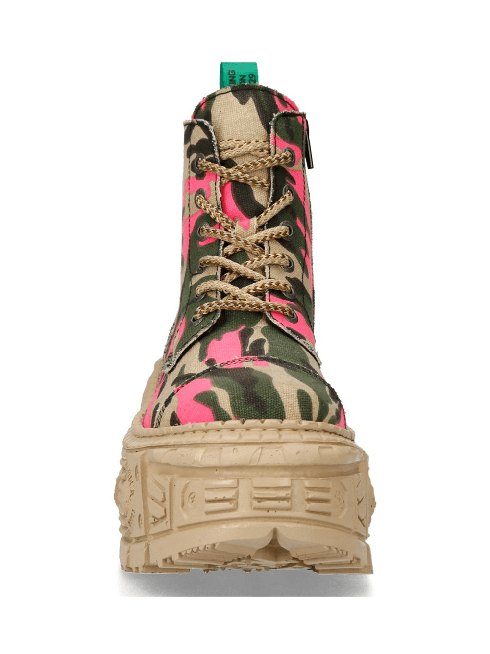 Front view of NEW ROCK pink and beige camouflage platform ankle boots with edgy design and sturdy sole.