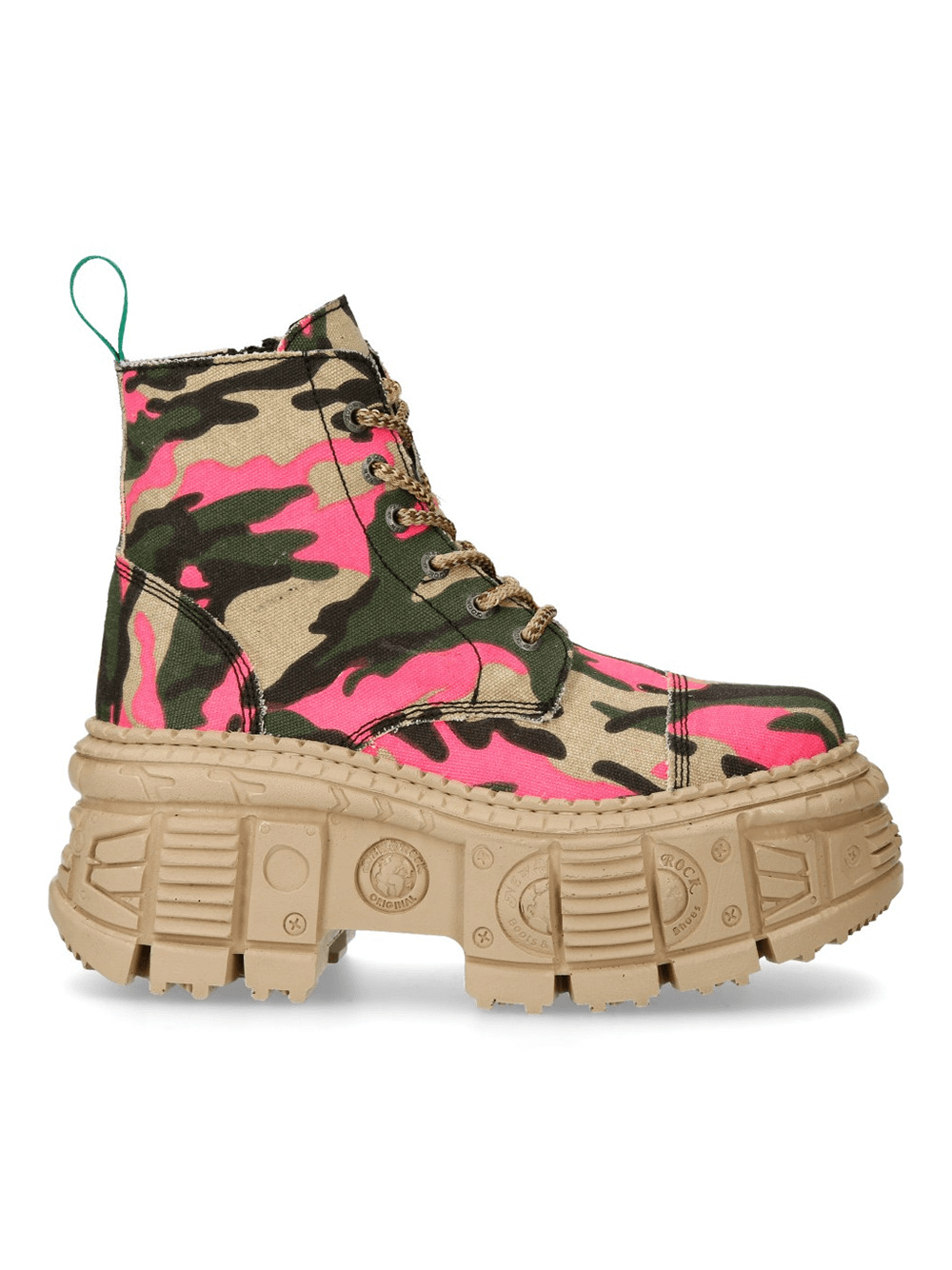 NEW ROCK Pink and Beige Camo Platform Ankle Boots, stylish punk fashion footwear with durable sole.