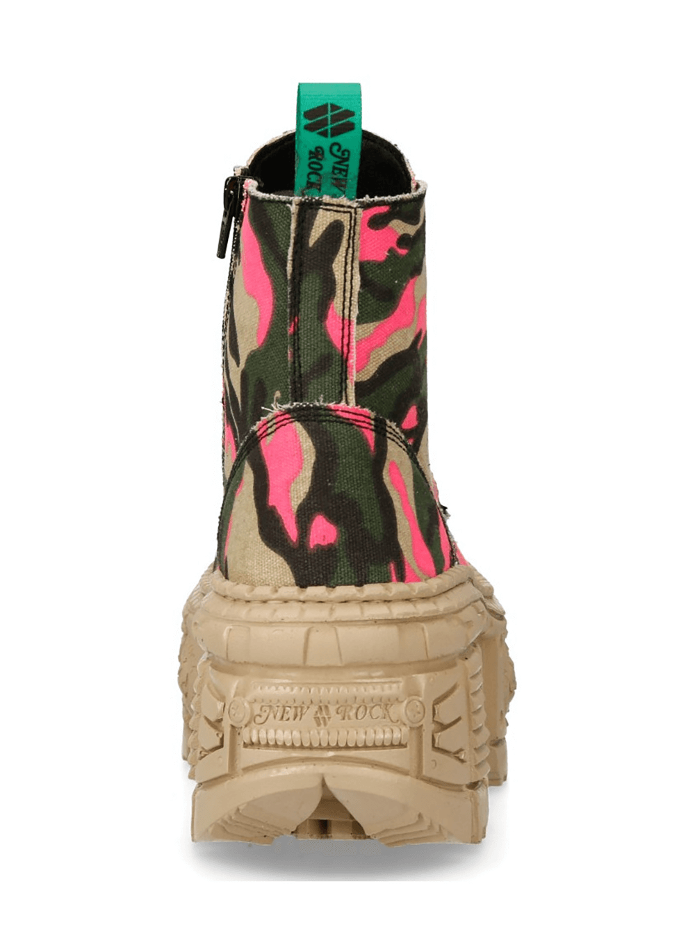 Back view of NEW ROCK Bold Camo Pink and Beige Platform Ankle Boots showcasing edgy design and unique camouflage pattern.