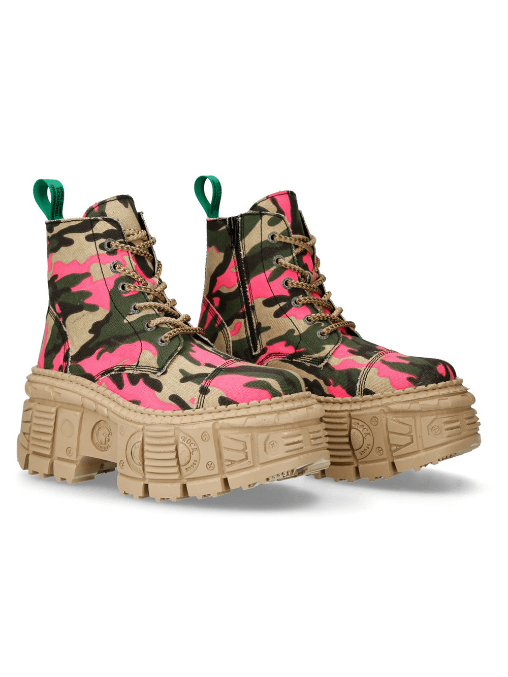 NEW ROCK Bold Camo Pink and Beige Platform Ankle Boots with unique camo design and sturdy sole.