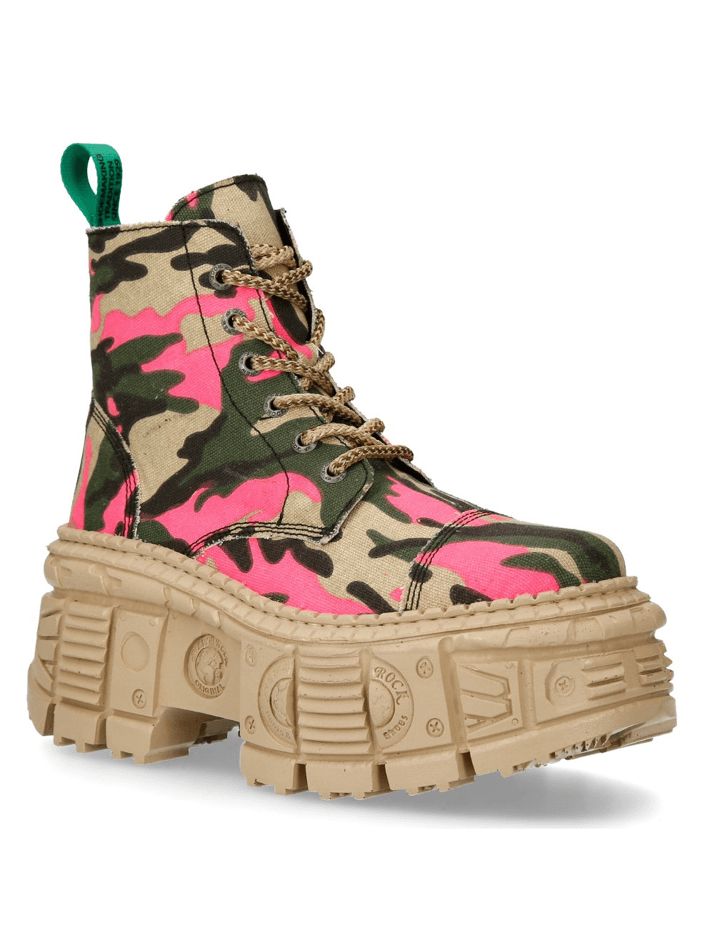 NEW ROCK pink and beige camouflage platform ankle boots with durable sole, perfect for trendy punk style.