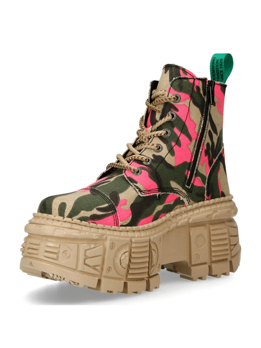NEW ROCK Men's Bold Camo Pink and Beige Platform Ankle Boots with edgy camouflage design and sturdy platform sole.