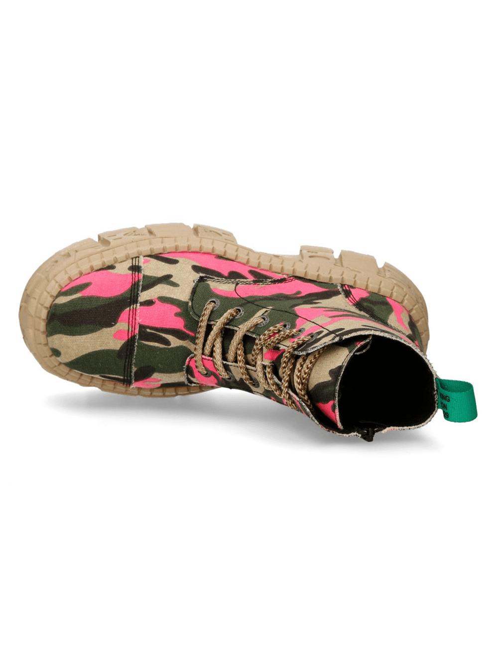 NEW ROCK Men's Bold Camo Pink and Beige Platform Ankle Boots from above, showcasing edgy design and durable sole.
