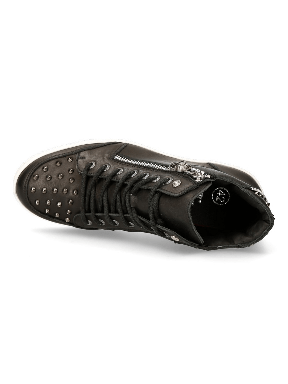 Stylish black cyber punk rock shoes with flat heel, featuring studs and zipper for edgy urban fashion.