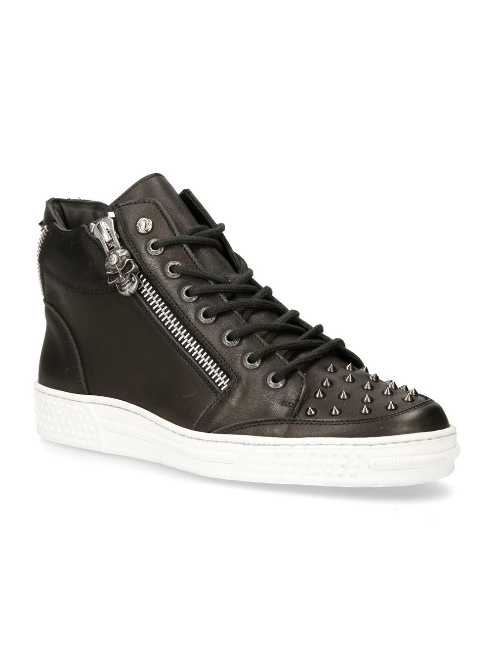 Edgy black cyber punk rock urban shoes with spikes, featuring laces, zipper, and a flat white sole for streetwear style.