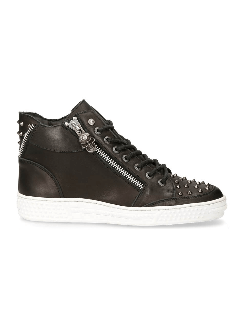 Edgy black cyber punk urban shoes with studs, laces, and zipper on a white sole for bold streetwear style.