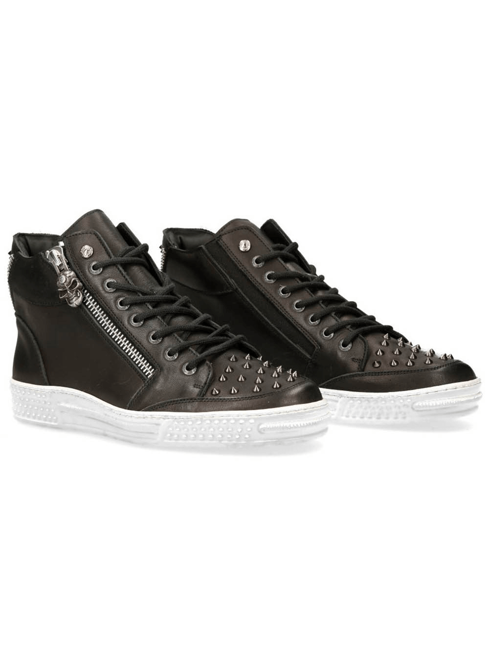 Bold black cyber punk rock shoes with studs, lace-up design, and zipper, perfect for urban streetwear style.