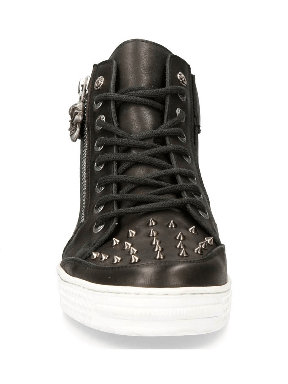 Bold black cyber punk rock shoes with flat heel, featuring studs, laces, and a side zipper for edgy street style.