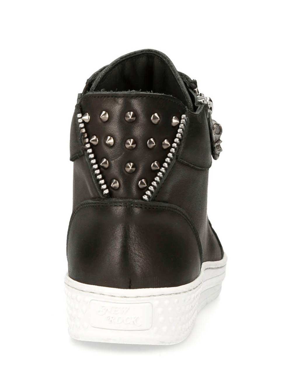 Bold black urban punk shoes with studs and zipper, featuring a flat heel and durable rubber sole. Perfect for street style!