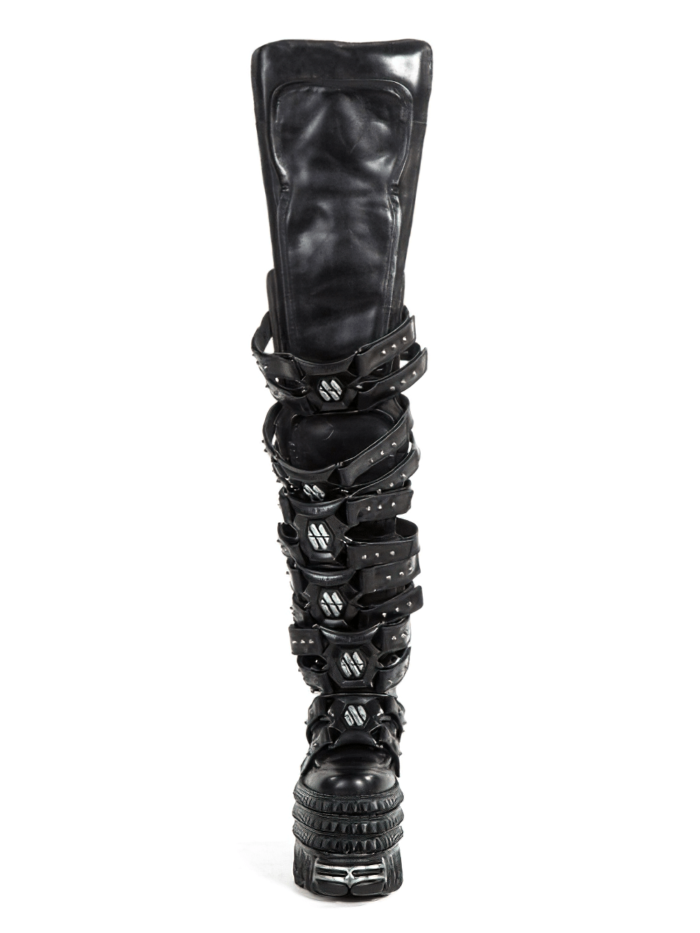 NEW ROCK bold gothic thigh-high boots with velcro straps and dramatic platform for a punk-inspired look.